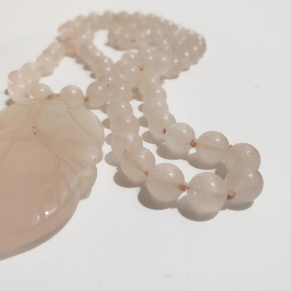 Vintage Rose Quartz Hand Knotted Bead Necklace With Carved Pendant 28" - Picture 4 of 4